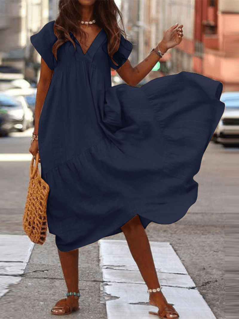 Larni - Robe 100% coton avec col en V et coupe ample
