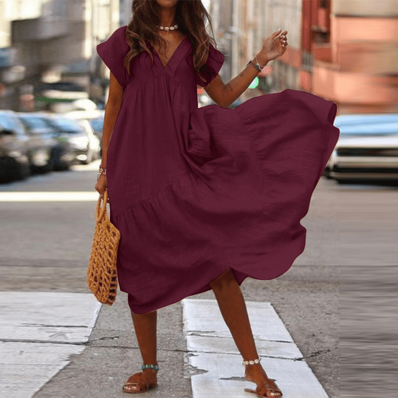 Larni - Robe 100% coton avec col en V et coupe ample