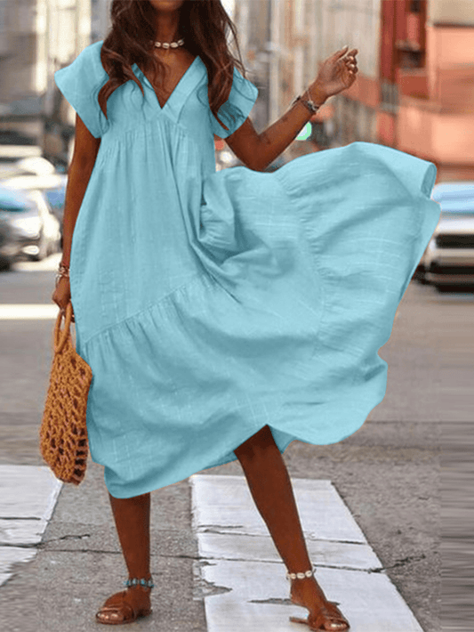 Larni - Robe 100% coton avec col en V et coupe ample