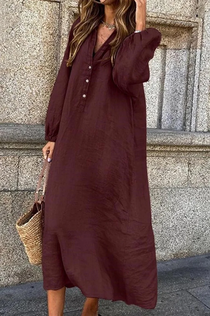 Lia - Robe à col en V en coton et lin avec fermeture à boutons simple boutonnage