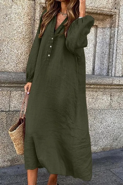 Lia - Robe à col en V en coton et lin avec fermeture à boutons simple boutonnage