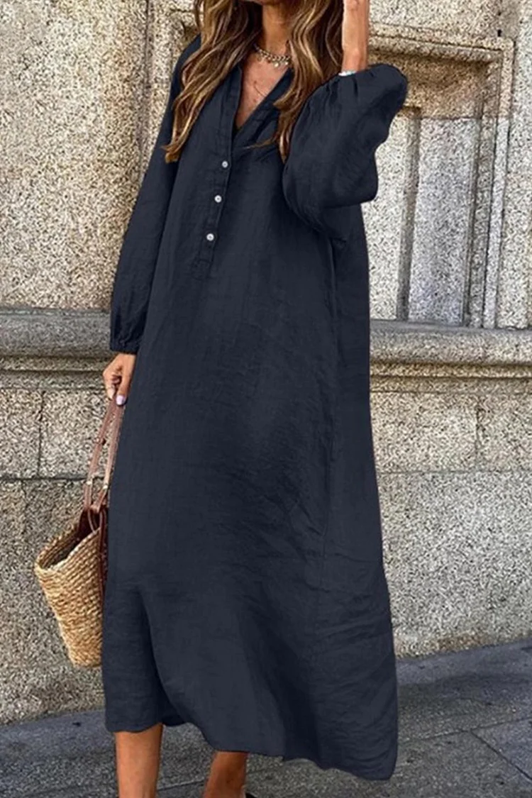 Lia - Robe à col en V en coton et lin avec fermeture à boutons simple boutonnage
