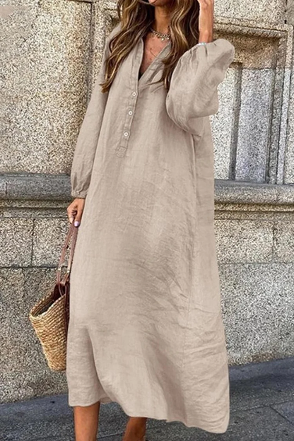 Lia - Robe à col en V en coton et lin avec fermeture à boutons simple boutonnage
