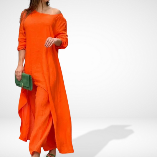 Ensemble pour femme avec chemisier asymétrique et pantalon large