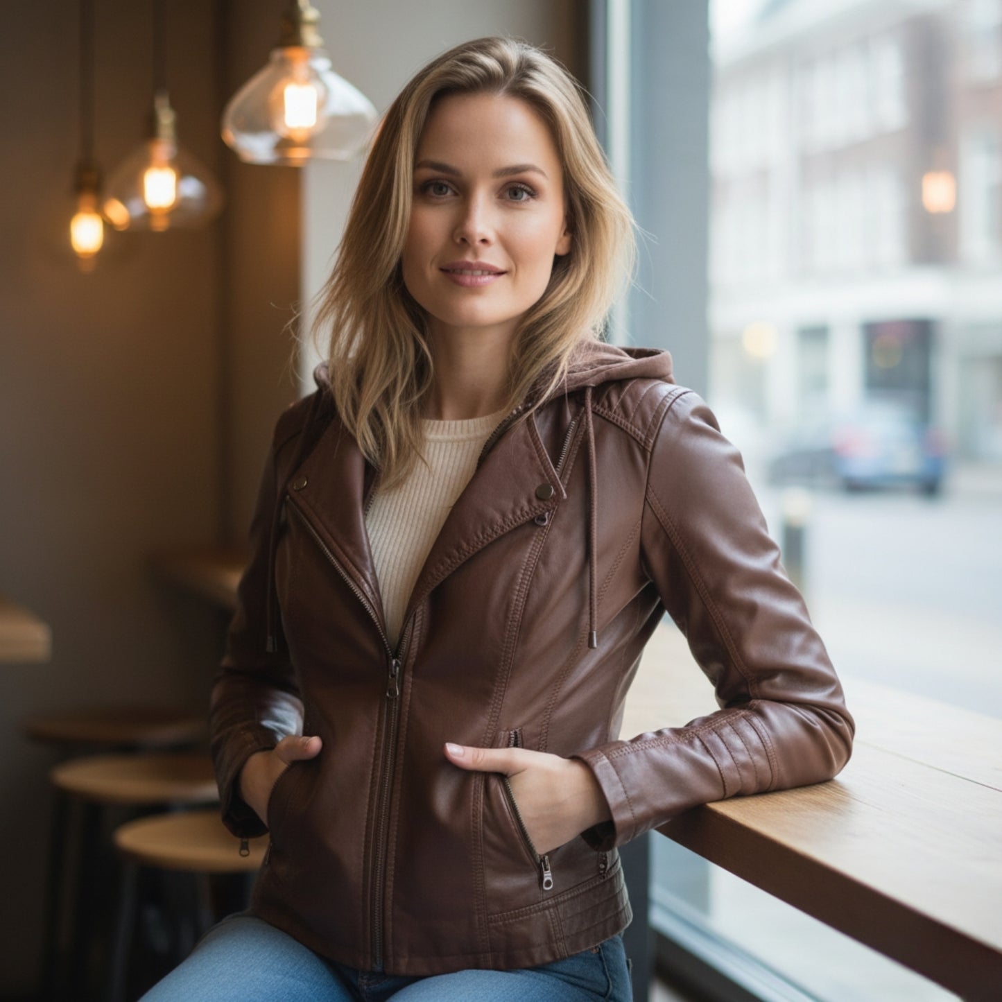 Lyra | Veste Femme en Cuir avec Capuche Chic et Confortable
