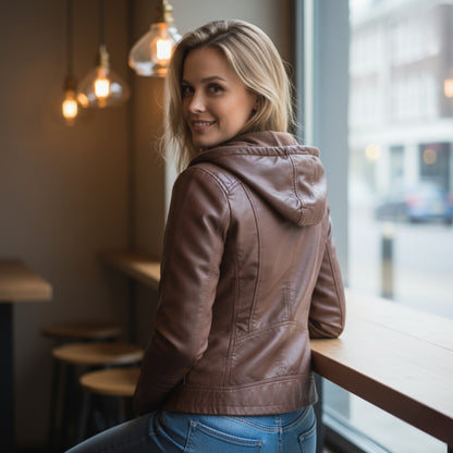Lyra | Veste Femme en Cuir avec Capuche Chic et Confortable