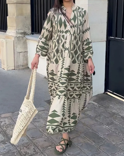 Maggie - Robe décontractée imprimée avec col en V et manches longues