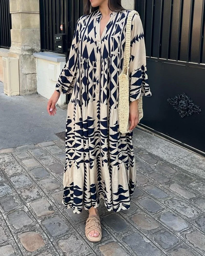 Maggie - Robe décontractée imprimée avec col en V et manches longues