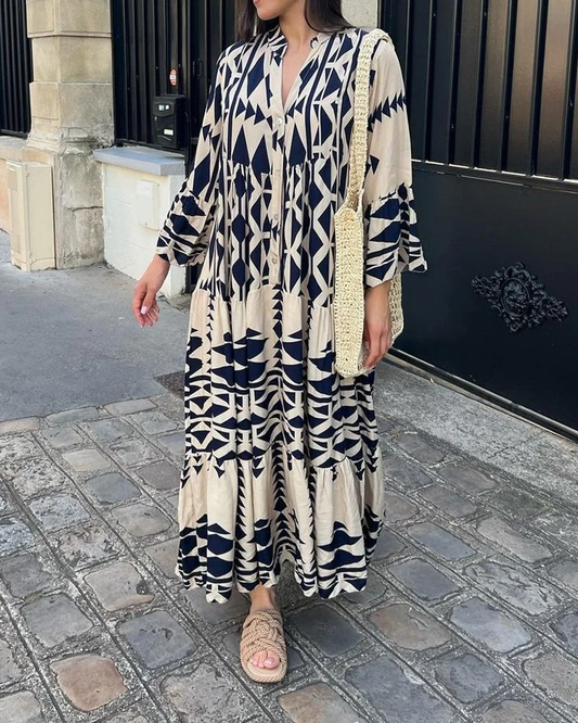 Maggie - Robe décontractée imprimée avec col en V et manches longues