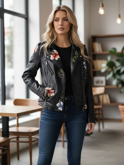 Maribel | Veste Femme en Cuir avec Fleurs Brodées Chic et Élégante
