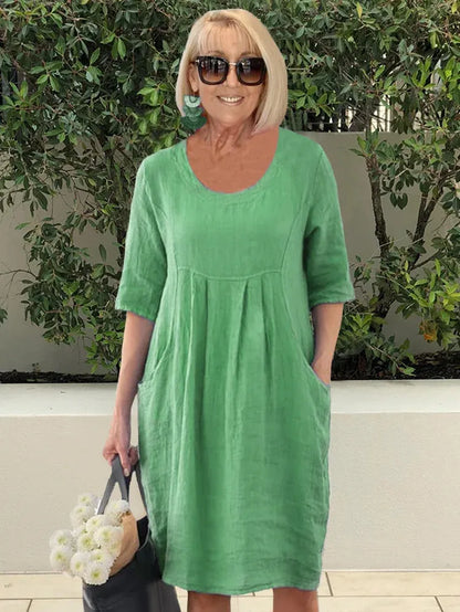 Mertha - Robe midi unie en coton et lin avec poches