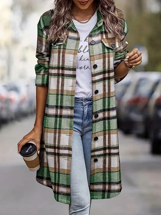 Veste à manches longues à la mode avec impression à carreaux et boutonnage