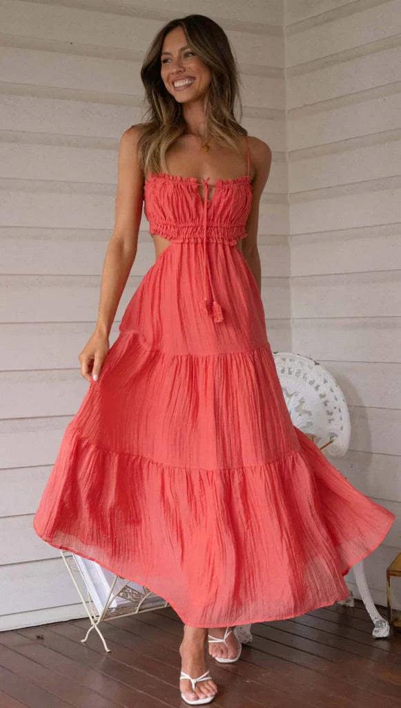 Musa - Robe longue sans manches à coutures et volants pour femme