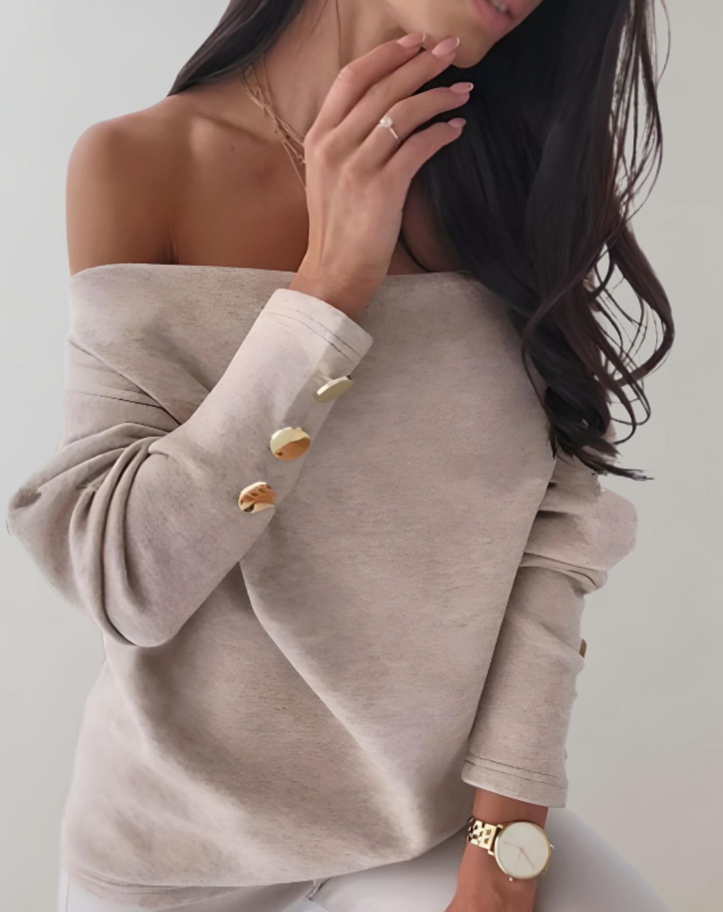 Jade - Pull à Col V Simple avec Boutons aux Manches pour Femmes