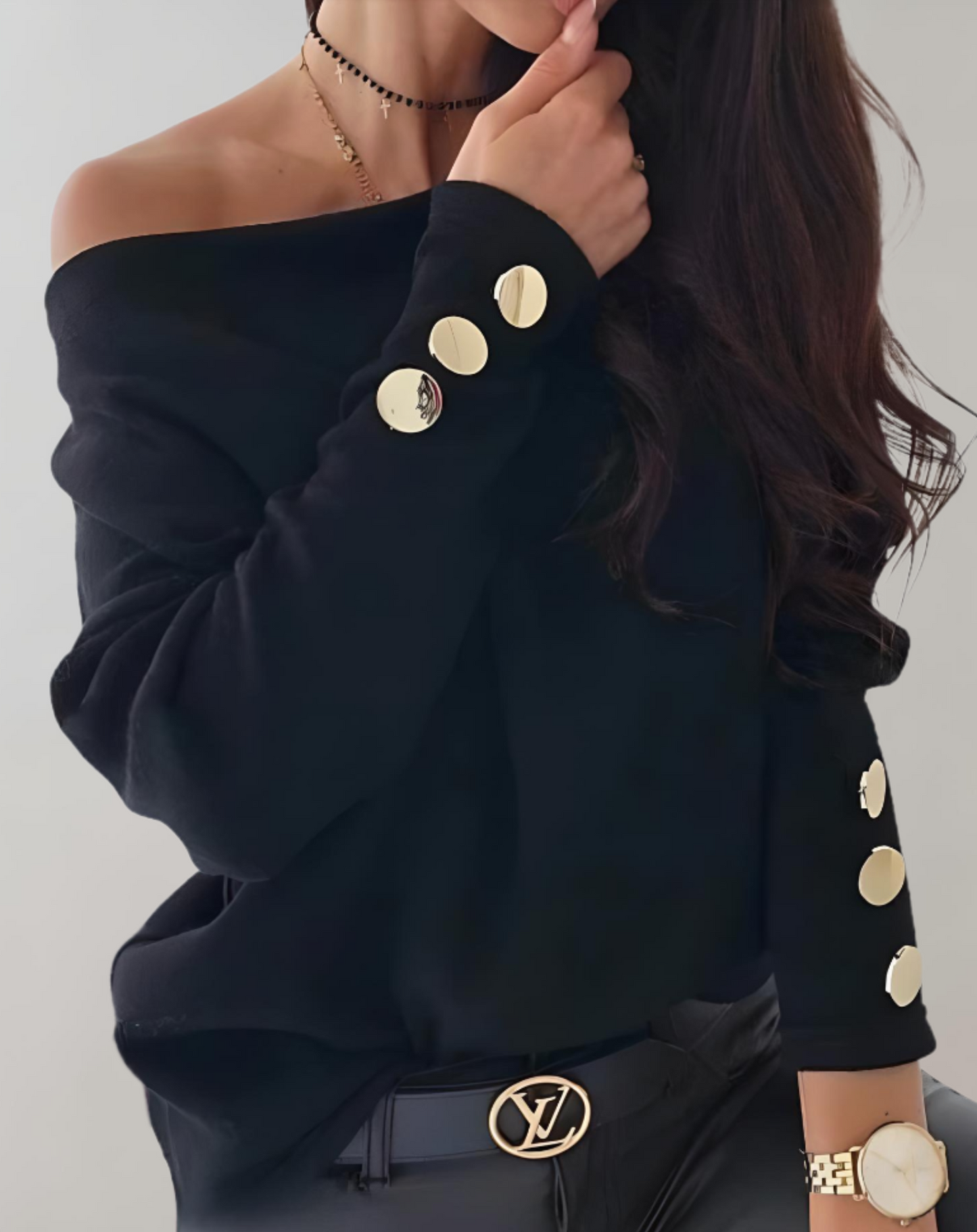 Jade - Pull à Col V Simple avec Boutons aux Manches pour Femmes