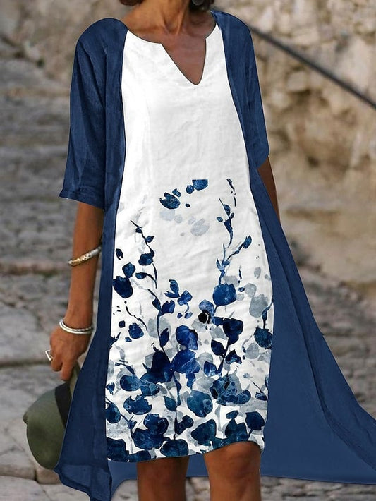 Nollie - Robe midi deux pièces avec imprimé floral bleu et demi-manches élégantes