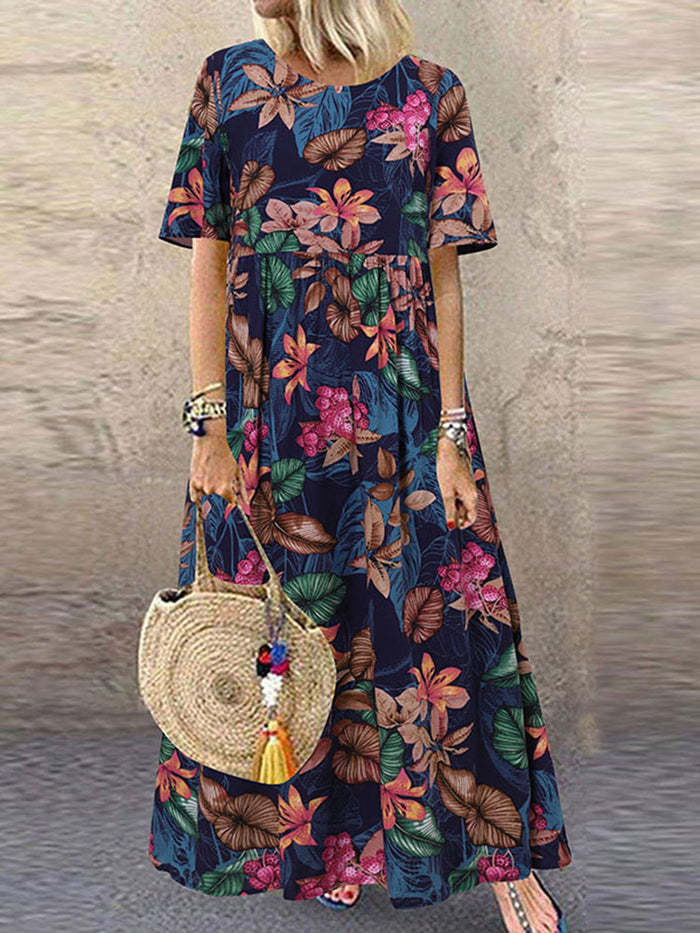 Women's Long Dress Round Neck Casual Vintage Shorts (Robe longue à col rond pour femmes)