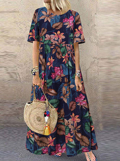 Women's Long Dress Round Neck Casual Vintage Shorts (Robe longue à col rond pour femmes)