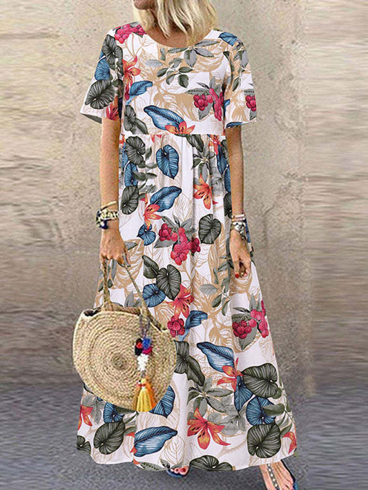 Women's Long Dress Round Neck Casual Vintage Shorts (Robe longue à col rond pour femmes)