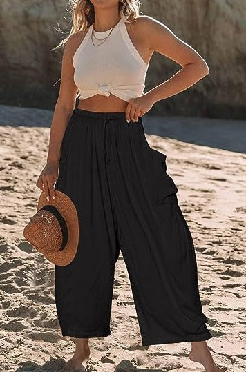 Pantalon large en coton et lin avec ceinture élastique et poches