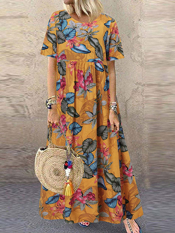 Women's Long Dress Round Neck Casual Vintage Shorts (Robe longue à col rond pour femmes)