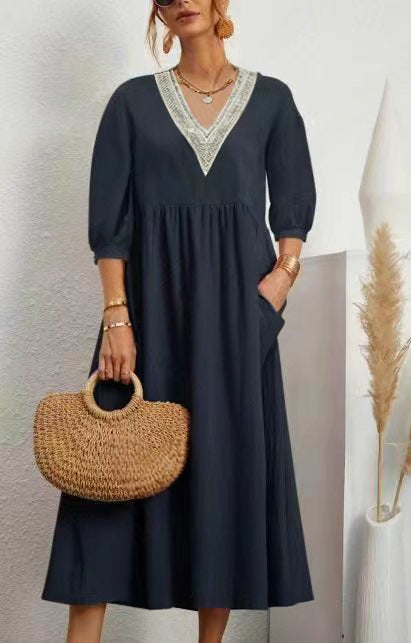 Maggie - Robe en coton et lin avec décolleté en V, manches amples et dentelle