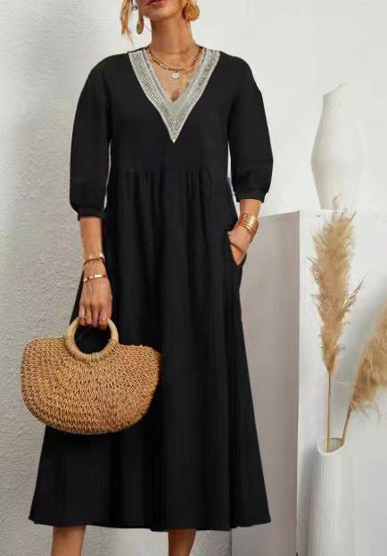 Maggie - Robe en coton et lin avec décolleté en V, manches amples et dentelle