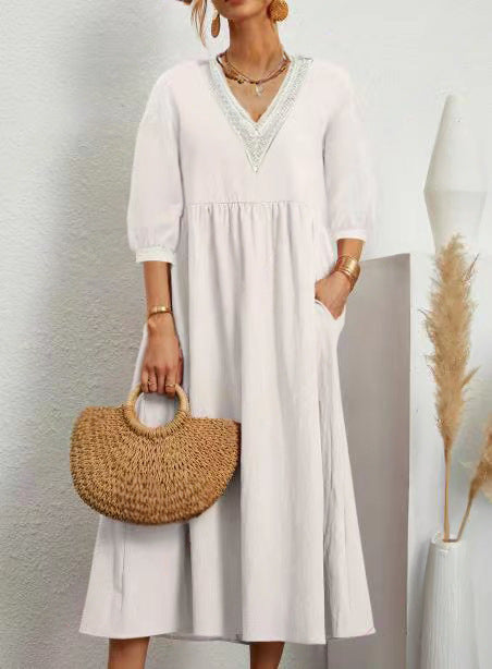 Maggie - Robe en coton et lin avec décolleté en V, manches amples et dentelle
