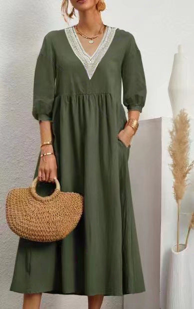 Maggie - Robe en coton et lin avec décolleté en V, manches amples et dentelle
