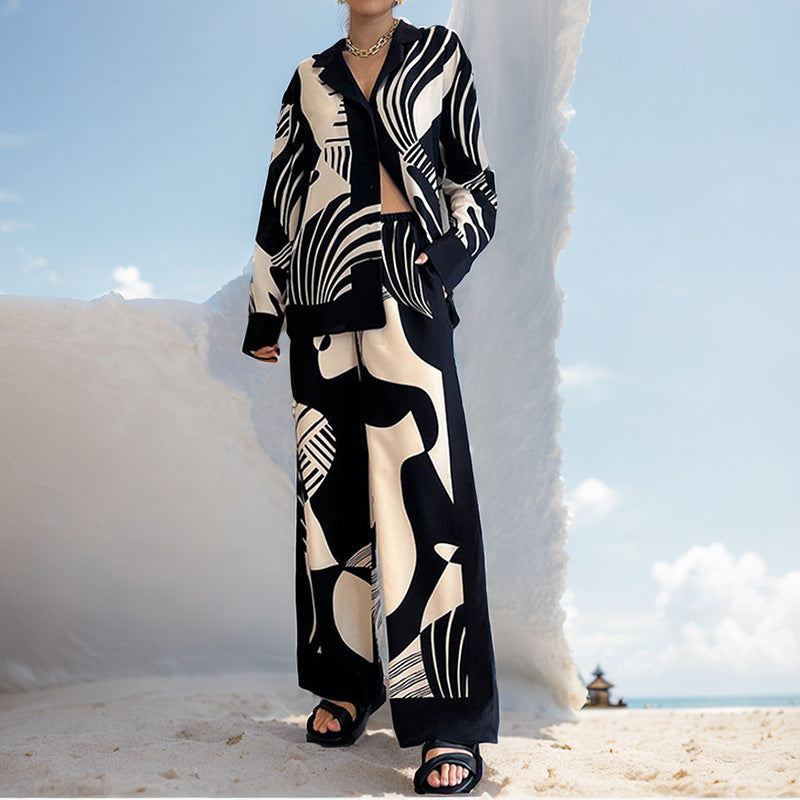 Elegant-ensemble imprimé-manches-longues-et-pantalon-mode