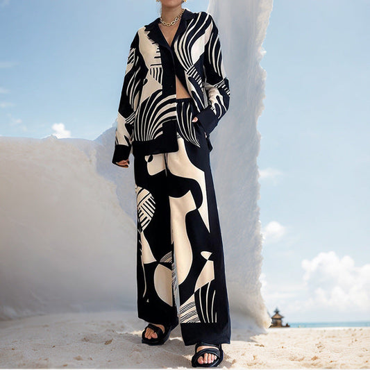Elegant-ensemble imprimé-manches-longues-et-pantalon-mode