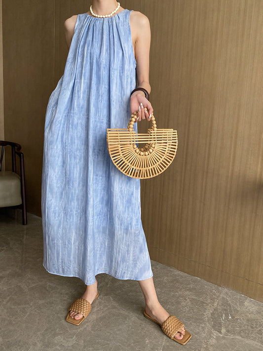 Robe longue d'été sans manches à texture imprimée et encolure ronde