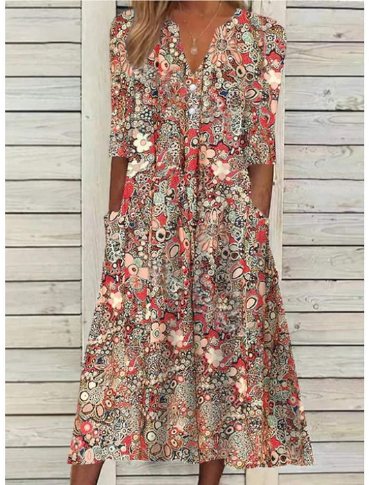 Robe d'été - Sophistiquée - Col en V, manches courtes, coupe décontractée - Parfaite pour l'été et le printemps