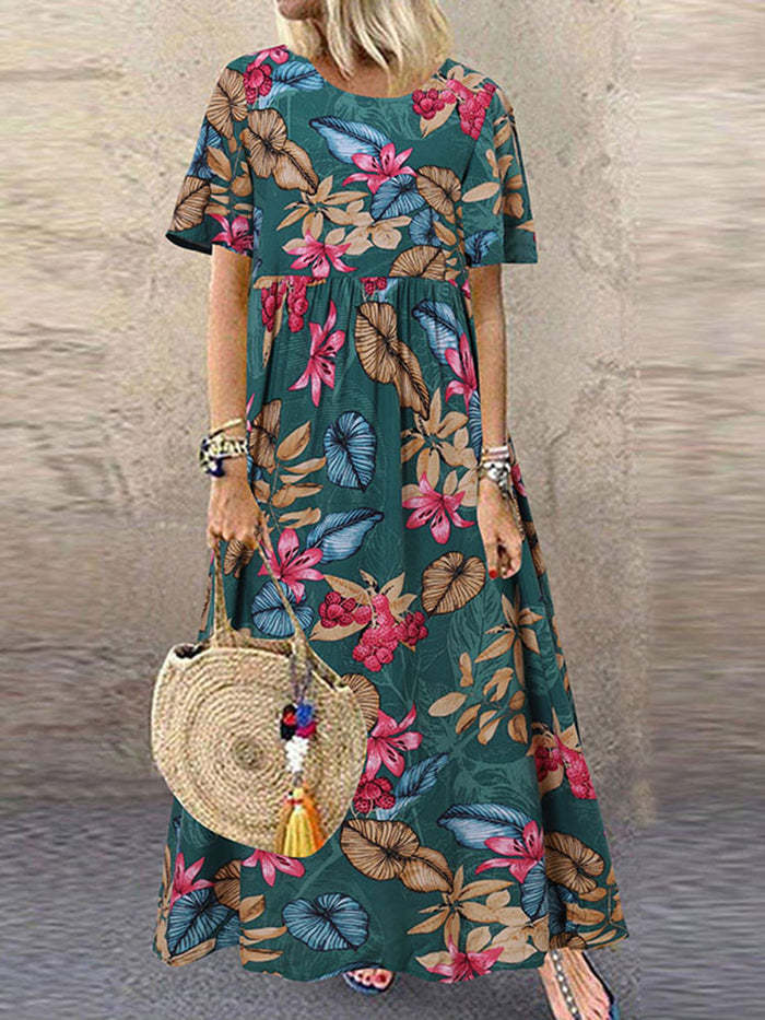 Women's Long Dress Round Neck Casual Vintage Shorts (Robe longue à col rond pour femmes)