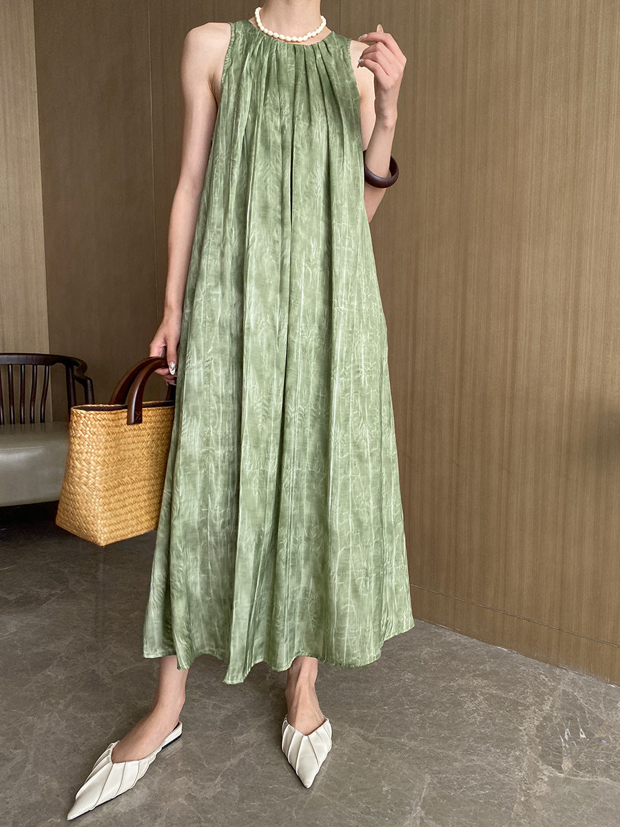 Robe longue d'été sans manches à texture imprimée et encolure ronde