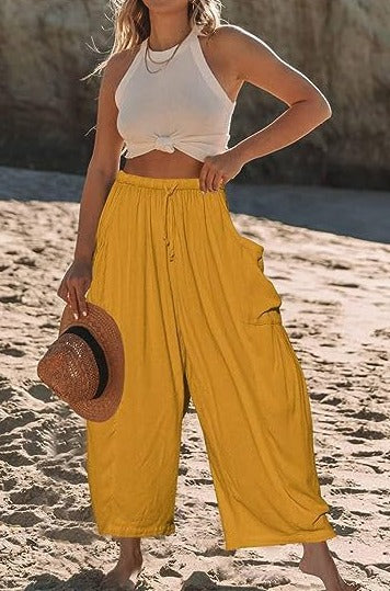Pantalon large en coton et lin avec ceinture élastique et poches