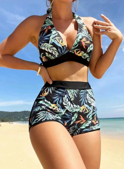 Maillot de bain bikini à bretelles fendues imprimé feuilles pour femmes