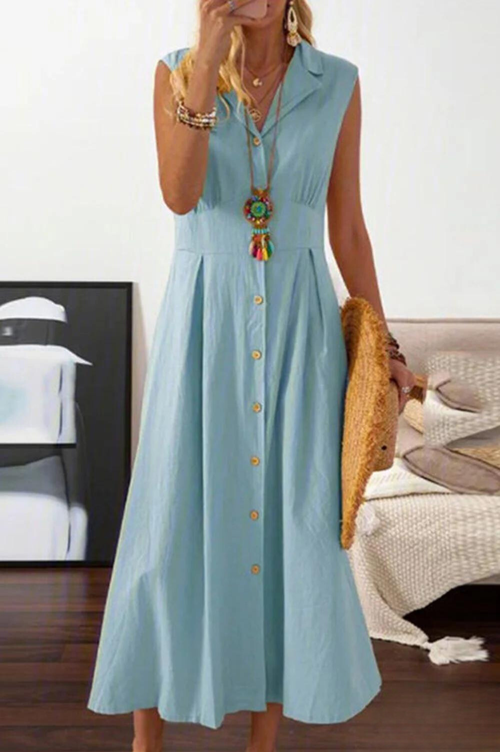 Peggy - robe midi sans manches avec boutons superposés