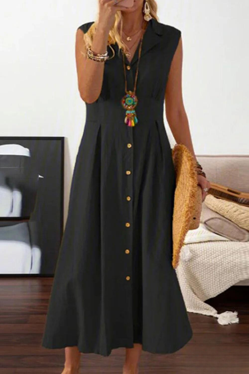 Peggy - robe midi sans manches avec boutons superposés
