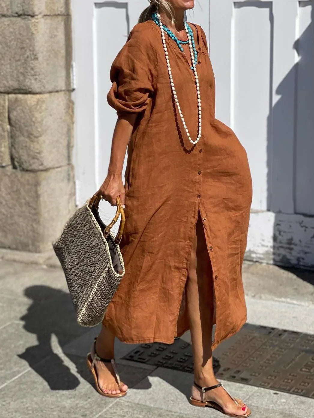 Perlita - Robe en coton, lin et boutons unis