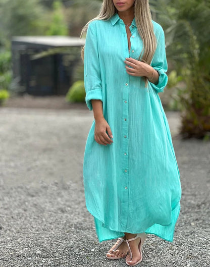 Prisma - Robe chemise décontractée pour femme, couleur unie, fermeture à bouton sur le devant