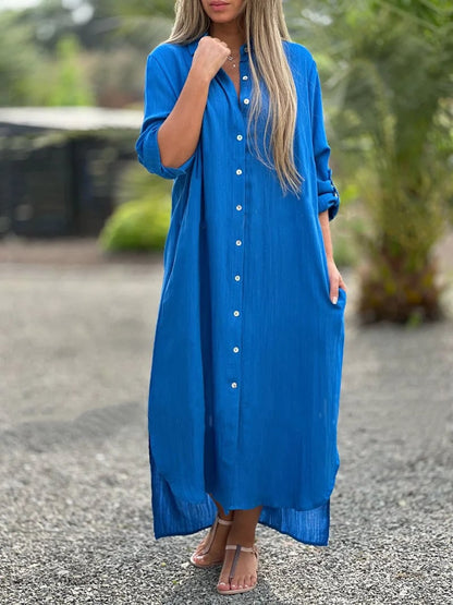 Prisma - Robe chemise décontractée pour femme, couleur unie, fermeture à bouton sur le devant