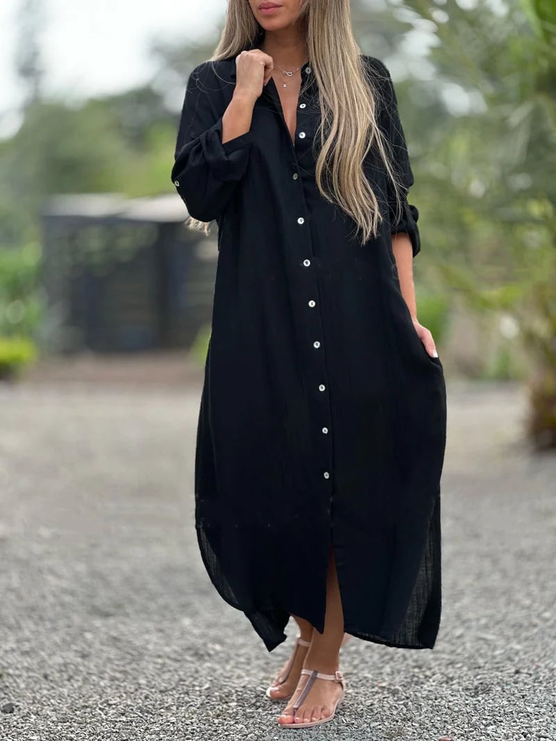 Prisma - Robe chemise décontractée pour femme, couleur unie, fermeture à bouton sur le devant