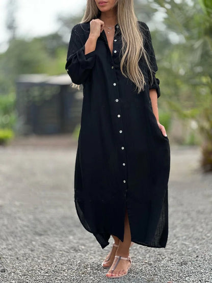 Prisma - Robe chemise décontractée pour femme, couleur unie, fermeture à bouton sur le devant