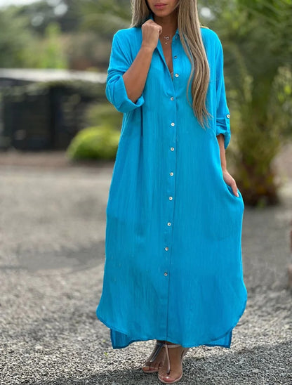 Prisma - Robe chemise décontractée pour femme, couleur unie, fermeture à bouton sur le devant