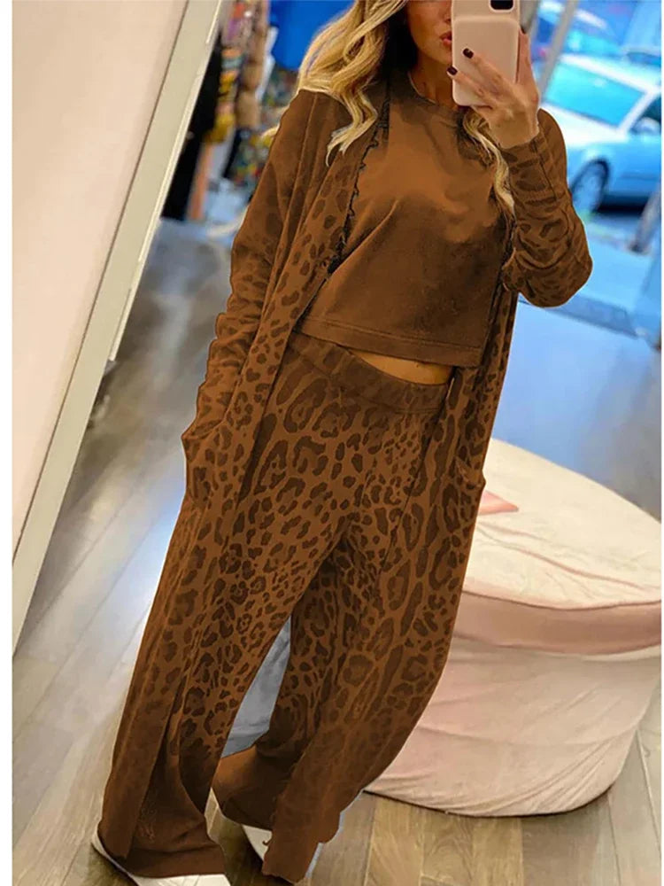 Janice - Ensemble composé d'un gilet imprimé léopard, d'un sac à manches longues et d'un pantalon à taille élastiquée
