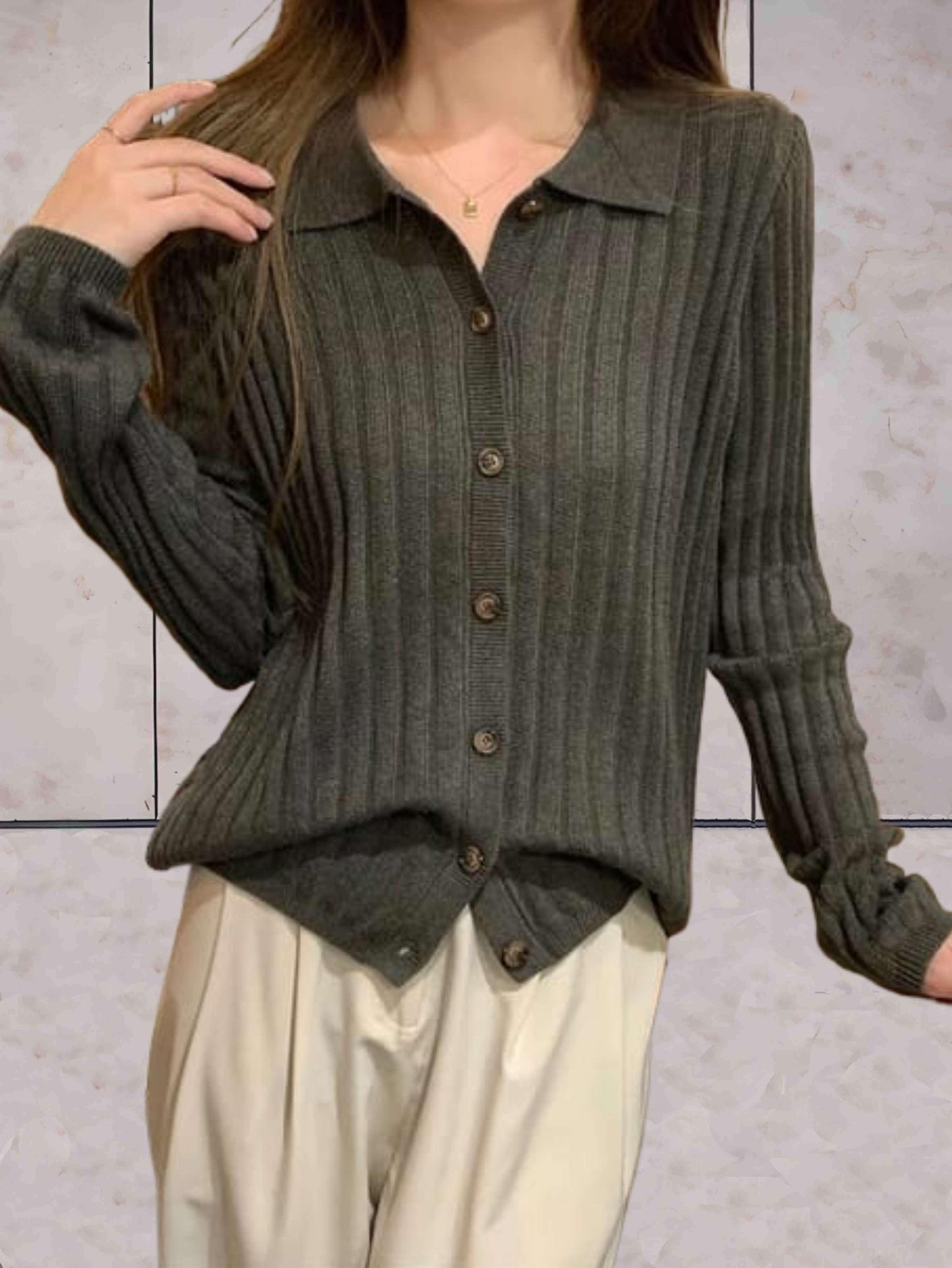 Naria - Pull Simple Ajusté avec Col Polo et Fermeture à Boutons pour le Printemps pour Femmes