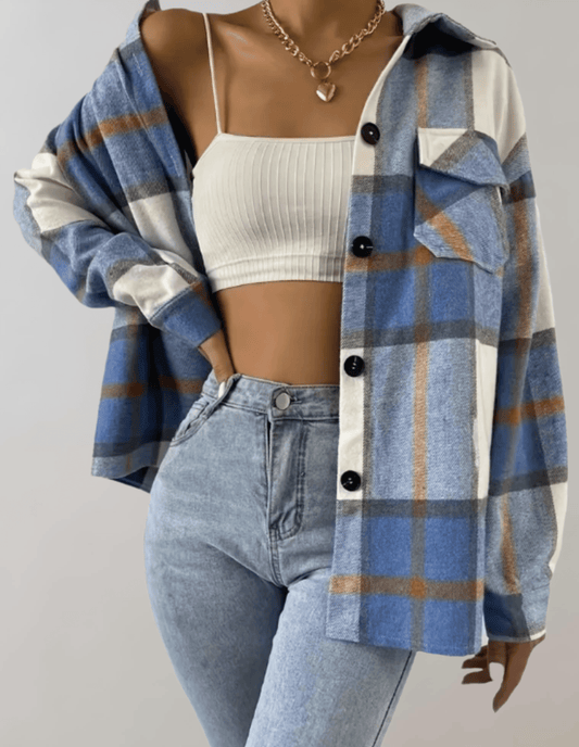 Élégante veste bleue à carreaux pour femme, grande taille