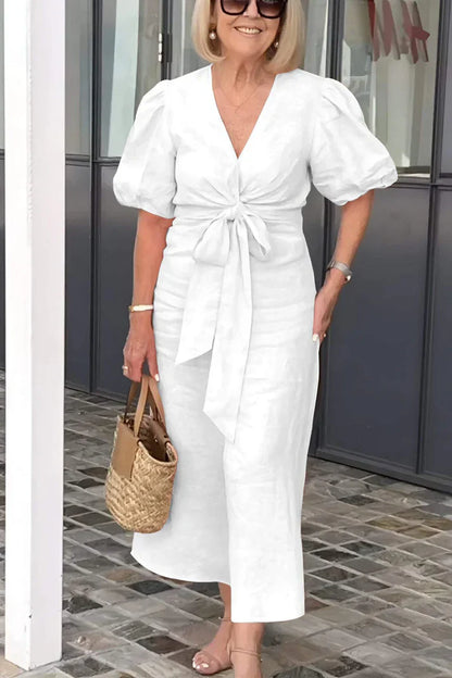 Rowen - Robe en coton avec col en V et manches bouffantes