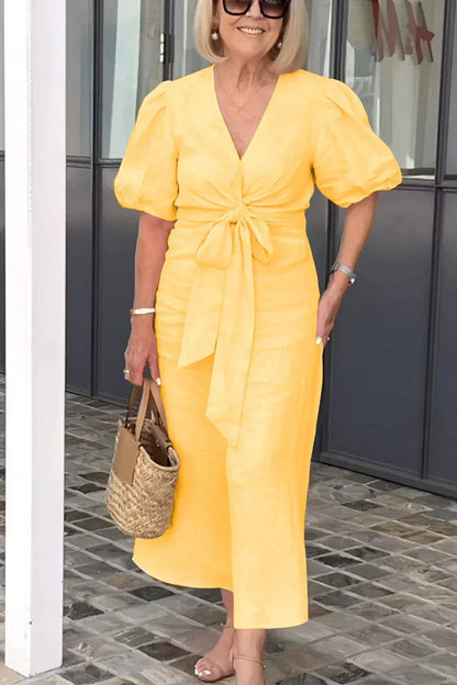 Rowen - Robe en coton avec col en V et manches bouffantes